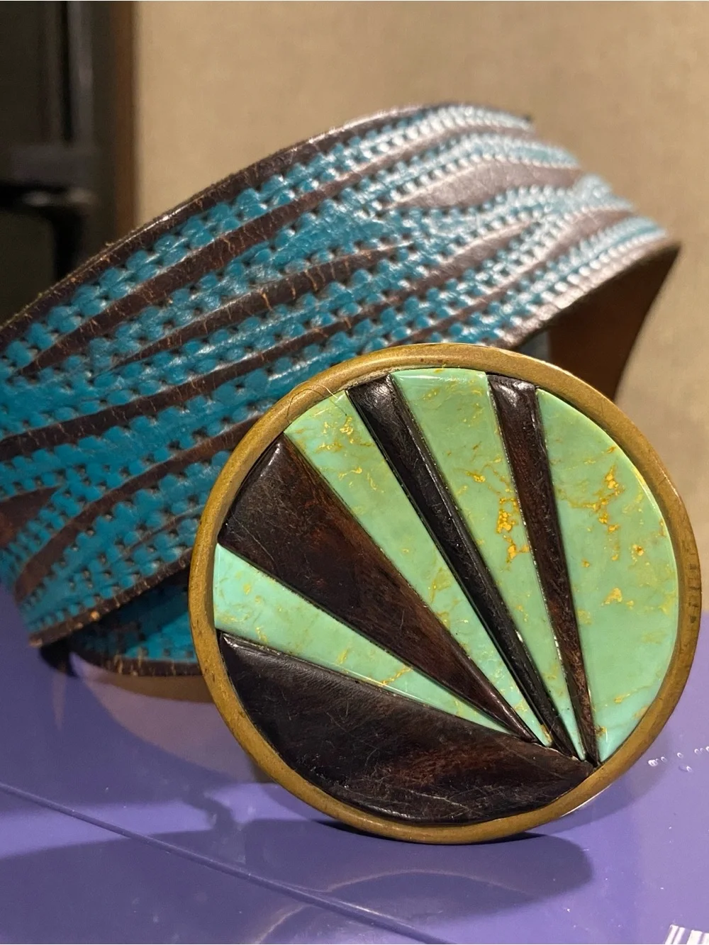 Turquoise Brown Inlay Round Belt Buckle with Leather Belt Boho western